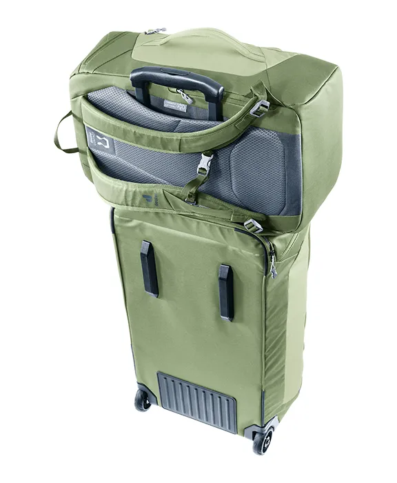 deuter „Duffel Pro Pack“ Rucksack optimal kombiniert mit rollbarer Reisetasche.