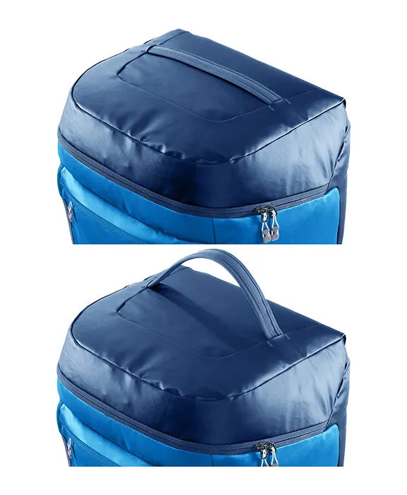 Detailansicht des oberen Teils des deuter Duffel Pro Roller Reiserucksacks.